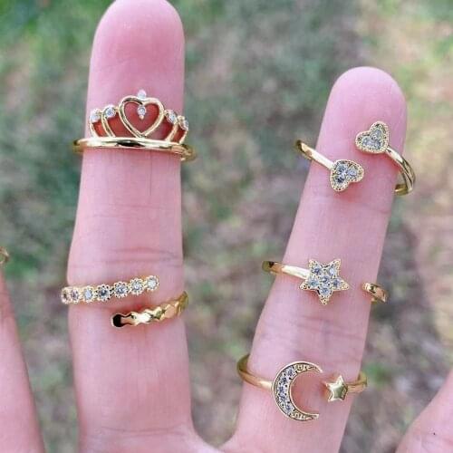 10Pcs High Quality Gold Color Star Moon Crown Rings For Woman Crystal Zircon Ring 2021 Female Bohemian Jewelry Gifts