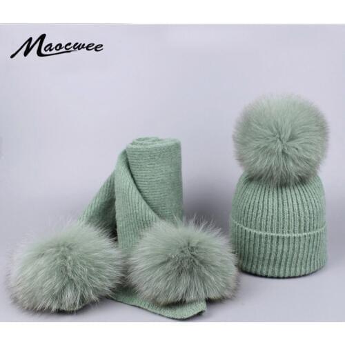Winter Womens Fox Fur Pompom Hat Cap and Scarf Set Wool Knitted Funny Skullies Beanies Warm Skiing Mask New Year Top Hat Bone