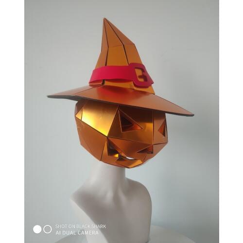Golden Mirror Pumpkin Headgear Helmet Halloween Wizard Hat nightclub party evening cosplay prop future technology mask