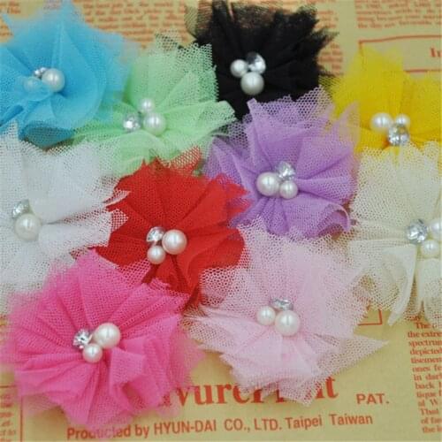 Free Shipping! 20pcs/lot 2.5'' Mini Tulle Mesh Flowers With Rhinestone Pearl Center Poof Flowers Headband Hair Accessories A260