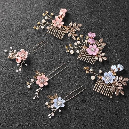 2020 Fashion Luxury Blue Flower Hair Combs Headdress Prom Bridal Wedding Hair Leaves Hair Jewelry Hair Pins Styling Tools