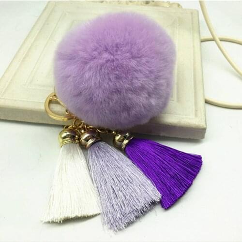 3 PCS Multicolor Ice Silk Tassel Pom Pom Keychain Bulk Large Rex Rabbit Fur Ball Pompom Key Chain Bag Pendant Wholesale
