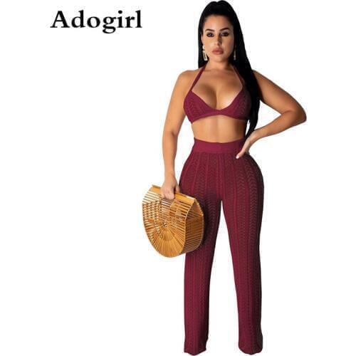Fishnet Knitted Two Piece Set Hollow Out Halter Bra Top +Straight Pants Woman Beach Outfits See Through Night Club Suit