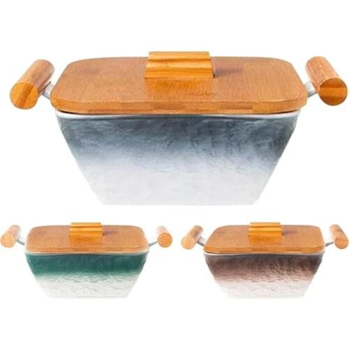 Bamboo Wood Double Ear Anti-Scalding Soup Bowl 1100 ML Ceramic Bowl Noodle Bowl Salad Bowl With Wooden Lid