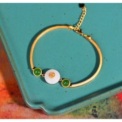 Natural Hetian Jade Safe Clasp Bracelet S925 Sterling Silver Gold-plated Retro Female Blessing Silver Bracelet Jewelry