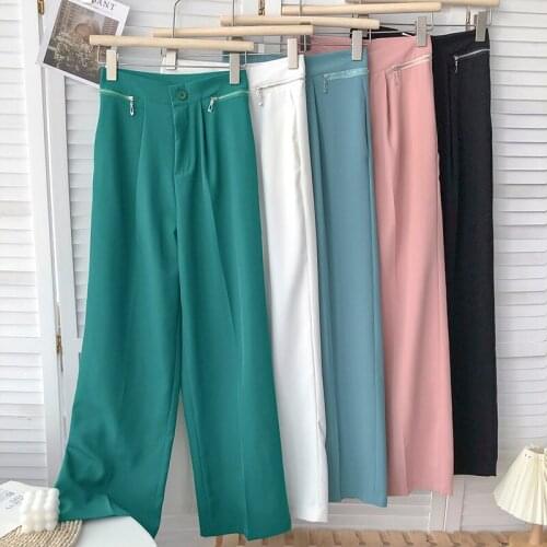 High Waist Zipper Wide-Leg Pants Womens Summer 2021 Korean Version of Fashionable All-Match Thin Solid Color Straight Trousers