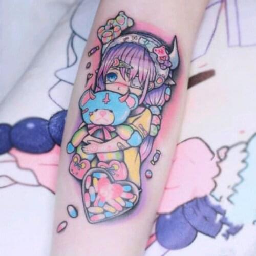 2pcs/lot Color Cute Girls Temporary Tattoo Sticker Japanese Anime Fake Tattoos Decals Body Art Arm Fake Tatoo for Women Men