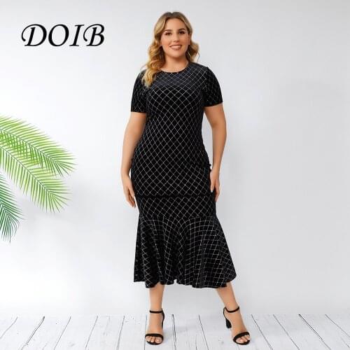 DOIB Women Black Fishtail Dress Plus Size Round Neck Velvet Patchwork Dress 2021 Summer Office Lady Dress