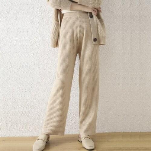 Stretch High Waist Loose Striped Fine Imitation Knitted Wide-Leg Pants Womens 2021 Fall/Winter Drape Straight Casual Long Pants