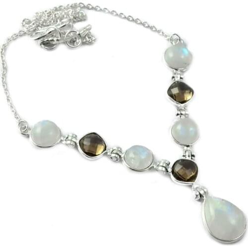 Genunie Rainbow Moonstone + Smokey Quartz Necklace 925 Sterling Silver, 42 cm, MHBNE0136