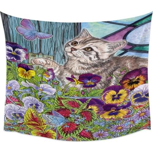 Kitten Butterfly Flowers Leaves Wall Tapestry Home Wall Decor Bedroom Tapestry Tapestry Wall Hanging Yoga Mat Picnic Mat