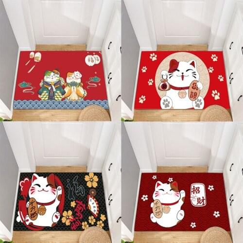 Polyester Carpet Floor Mat Welcome Entrance Door Mat Kitchen Bathroom Doormat Non-slip China Style Cartoon Lucky Cat for Room