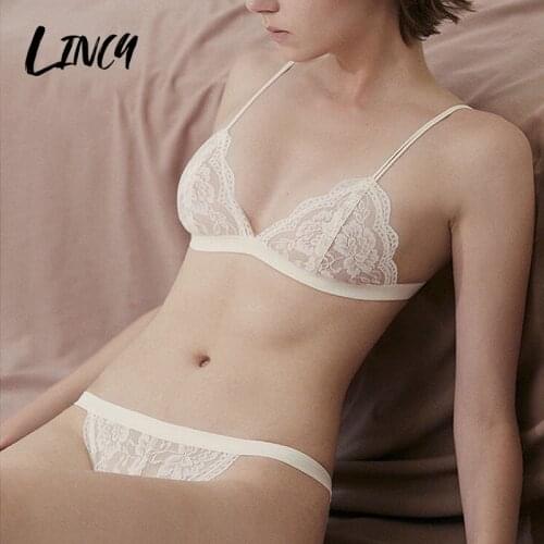 Unlined Lace Bra & Brief Sets Lingerie Femme Cute Triangle Cup Wire Free Underwear Women Lingerie Set Thin Strap Seamless Bra