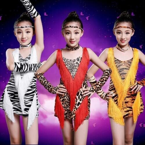 Latino Costumes New Style Girls Leopard Pattern Latin Dance Dress Fringe Child Sleeveless Modal Ballroom Latin Dance Dresses