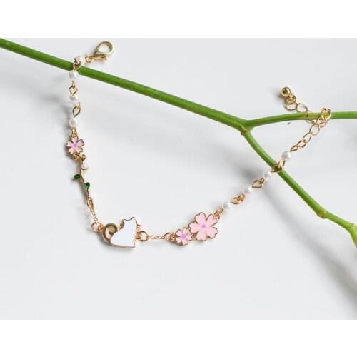 Lovely Cute White Cat Pink And White Flowers Bracelet For Women Fashion Jewelry Romantic Sweet Simple Animal Plant Pearl Bangles