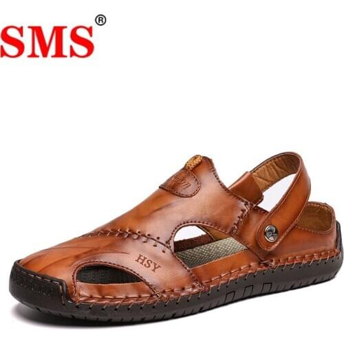 SMS Summer Sandals Men Leather Classic Roman Sandals Slipper Outdoor Sneaker Beach Rubber Flip Flops Men Water Trekking Sandals