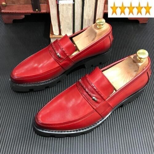 Genuine Mens Luxury 2021 New Leather Dress Groom Wedding Party Formal Footwear Loafers Office Slip On Block Med Heel Shoes