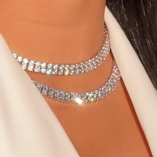 New Iced Out Bling 2 Row 4mm CZ Cubic Zircon Necklace Silver Color Tennis Chain CZ Charm Choker Women Fashion Hip hop Jewelry