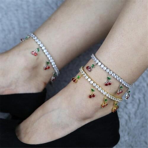Beach Jewelry Gold Silver Color Cherry Anklet Rhinestone Crystal Ankle Boho Anklets for Women Sandals Foot Bracelets