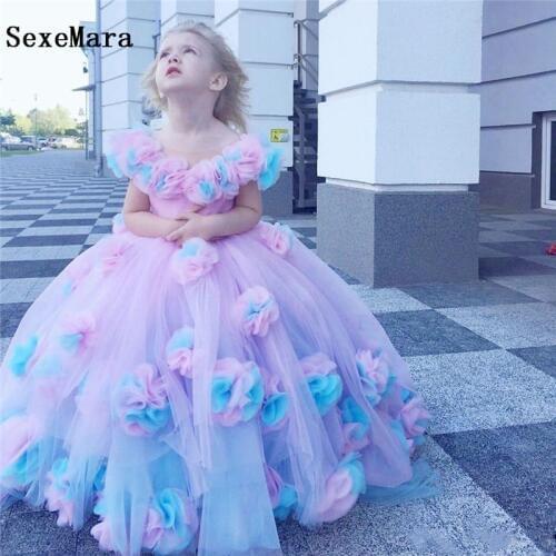 Lovely Puffy Flower Girl Dresses for Weddings O Neck Sweep Train Communion Dress Birthday Clothes Girls Pageant Gowns