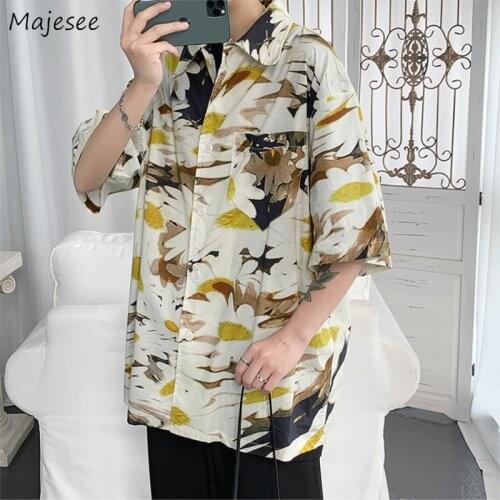 Men Shirts Short Sleeve Floral Printed Summer Holiday Beach Breathable Hawaii Loose Casual Tops Fashion Vintage Korean Ins Retro