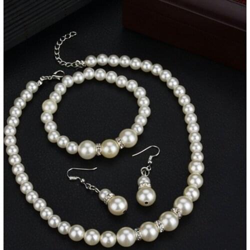 Crystal Luxurious Big Simulated Pearl Necklaces Bracelets Earrings For Women Bridal Wedding Jewelry Set Necklace Bangle Earrings