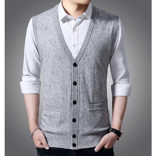 Wool Vest Men 2019 Autumn Winter Solid Business Mens Cashmere Knitted Vest V-neck single-breasted Cardigan vest
