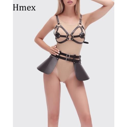 Punk PU Leather Skirt 2Pcs Set Women Garters Lingerie Harness Sexy Gothic Wrist Belt Bra Bondage Fetish Dress Breast Harness