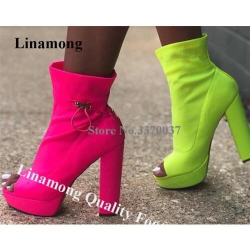 Linamong Newest Fashion Peep Toe High Platform Chunky Heel Short Boots Neon Yellow Pink Stretch Lycra Fabric Elastic Ankle Boots
