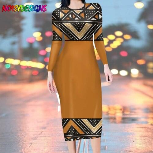 NOISYDESIGNS 2021 Long Sleeve Vintage African Tribal Print Bodycon Long dress Spring Women New Fashion Streetwear Party Elegant