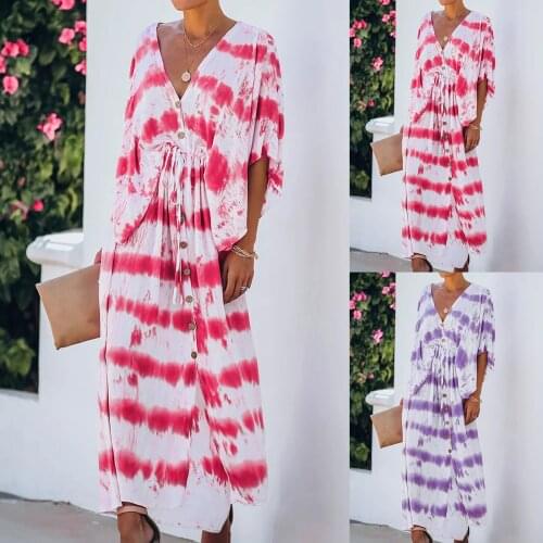 Womens Sexy V-neck Tie-dye Stripe Large Swing Dress Plus Size Loose Wrist Cloak Sleeve Dress Autumn Clothing For Ladies Gowns