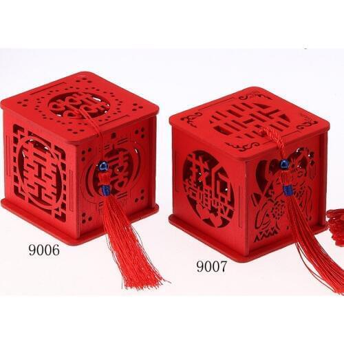 200pcs/lot Wood Chinese Double Happiness Wedding Favor Boxes Candy Box Chinese Red Classical Sugar Case With Tassel