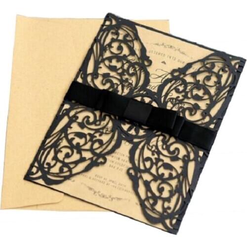 50pcs Black Laser Cut Wedding Invitations Cards Lace Hollow Invite Card with Ribbon Party Favors