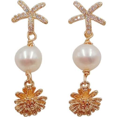 925 silver sea star PEARL EARRING,100% nature freshwater pearl earring ,8-9 mm perfect round shape pearl,high luster quality