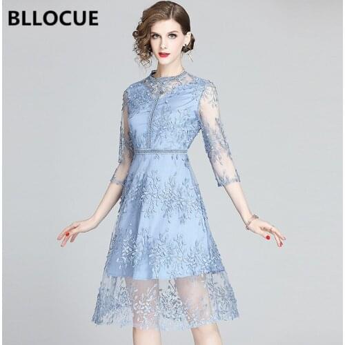 BLLOCUE Summer Embroidery Party Dress Women O-Neck Sequins Flower Embroidered Slim Waist Vintage Mesh Princess Dresses