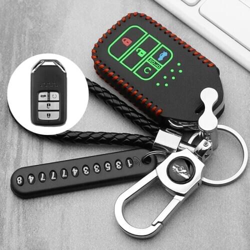 Luminous Genuine Leather 4 Buttons Car Keyless Smart Key Fob Case Cover for Honda Civic Accord Pilot CRV 2015 2016 2017 2018