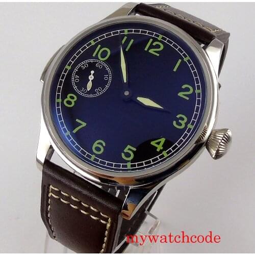 CORGEUT 44mm 17 Jewels Mechanical Hand Winding 6497 Movement Men Watch Black Dial Leather Strap Glass Back Luminous Marks