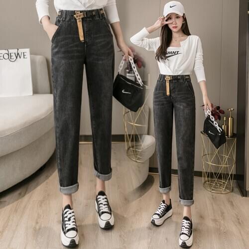 With belt high waist Harlan jeans female plus size denim nine elastic waist Autumn women new casual pants slim blue black 5XL