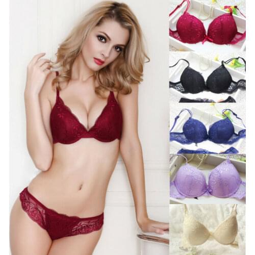 Women’s Push Up Lace Bra Breif Set Transparent Panty Embroidery Deep V Lingerie Knickers Brief Sets Underwear