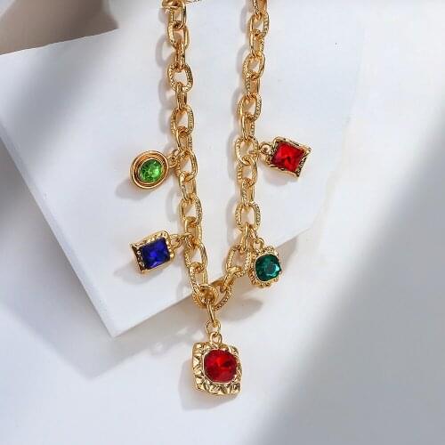 Lifefontier Vintage Colorful Crystal Pendants Choker Necklaces for Women Gold Color Thick Metal Chain Necklace Jewelry Gift