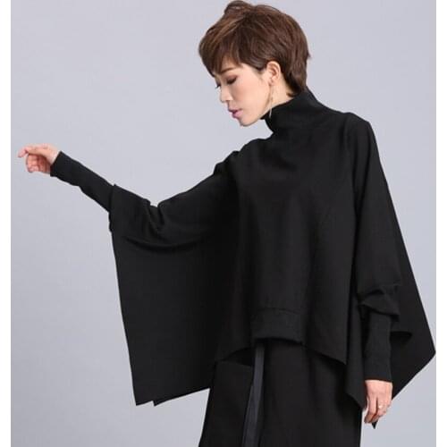 Fashion Irregular High Collar Solid Color Black Tops Women Blouse Long Sleeved Top Loose Cotton Summer Spring T-Shirt