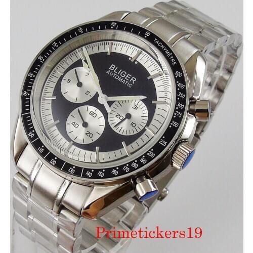 New bliger 40mm automatic wristwatch black dial date week function DG movement sub dial stainless steel band