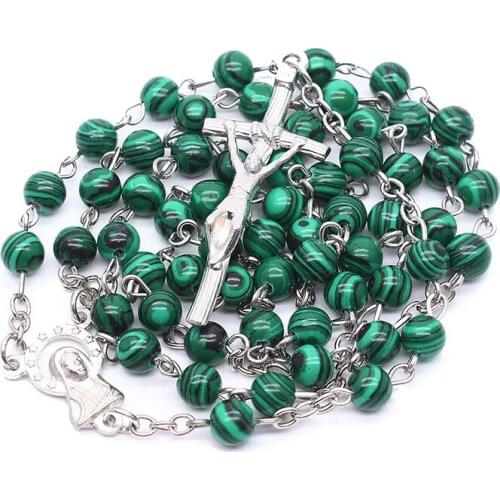 Green Natural Stone Rosary Beads Necklace Virgin Mary Cross Pendant Necklace Women Religious Catholic Church Prayer Jewelry