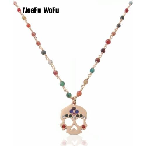 NeeFu WoFu Skeleton necklace blue Nationality Natural stone Crescent moon short necklace Bohemia Stainless steel jewelry wholesa