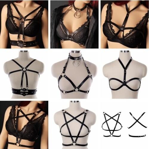 Punk Faux Leather Pentagonal Body Harness Lingerie Bondage Chest Cage Strappy Suspenders Beauty Goth Sexy Bra Tops Accessories