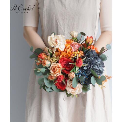 PEORCHID Orange Red Bouquet De La Marie Wedding Boquet Rose Hydrangea Silk Bride flowers Artificial Bridal Bouquet Eucalyptus