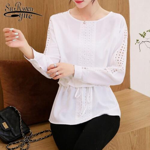 Causal Hollow Out Ladies Shirts Long Sleeve O-neck Women Tops New 2021 Autumn Fashion Women Chiffon White Blouses 6336 50