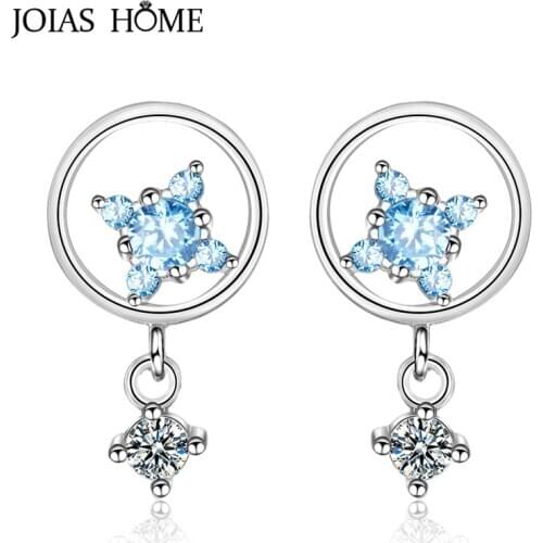 JoiasHome 925 Sterling Silver Earrings For Women With Round Shape Sapphire Gemstones Ziron Women Fine Jewelry Wedding Gift