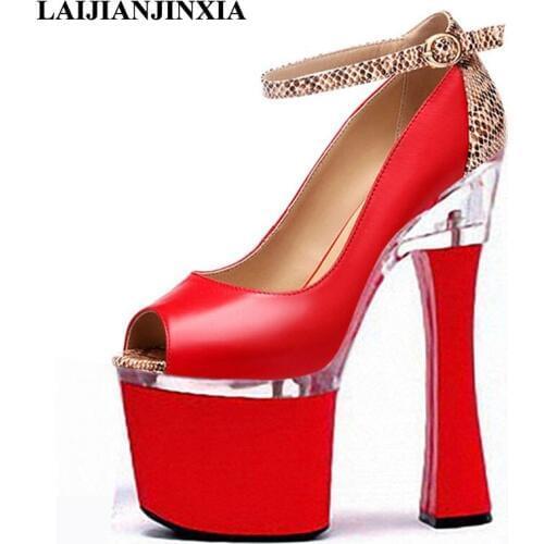 LAIJIANJINXIA Red/Black Sexy Peep Toe 18cm Square High Heels Wedding Party Dress Women Pole Dance Shoes Sandals Dancing Shoes