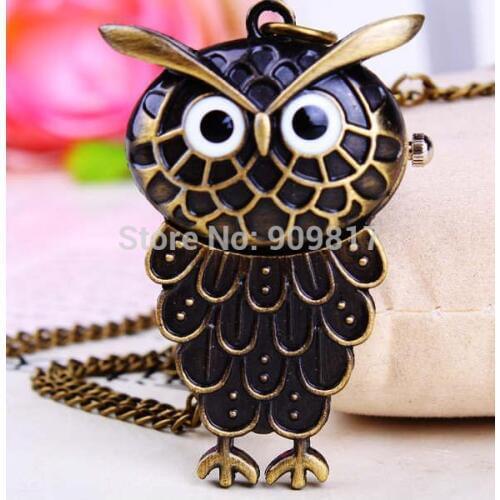 10 pcs/lot Vintage bronze owl Pendant necklace pocket watches Children Christmas gift